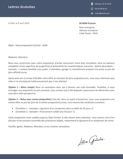 Une lettre de refus d'une offre d'achat d'un bien immobilier