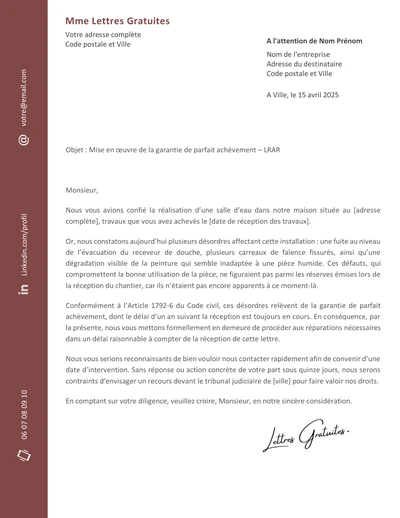 Une lettre pour activer la garantie de parfait achèvement d'une construct