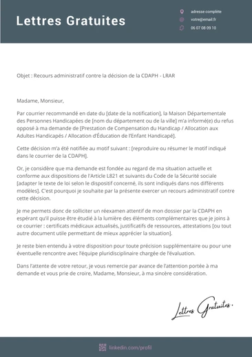 Une lettre de recours contre une décision de la MDPH