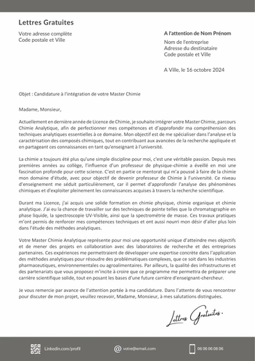 Une lettre de motivation pour un Master Chimie