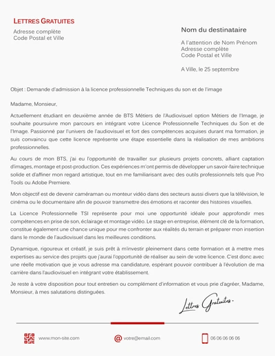 Une lettre de motivation pour la Licence Pro Techniques du Son et de l'Image