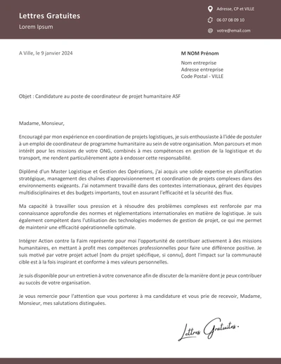 Une lettre de motivation pour Action contre la Faim