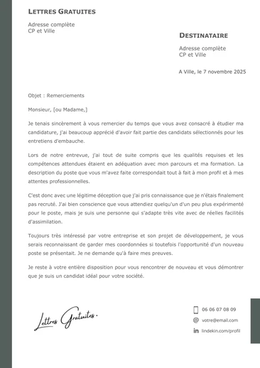 Un mail de remerciement au recruteur malgré une candidature refusée