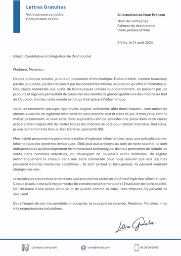 Une lettre de motivation pour une école d'informatique