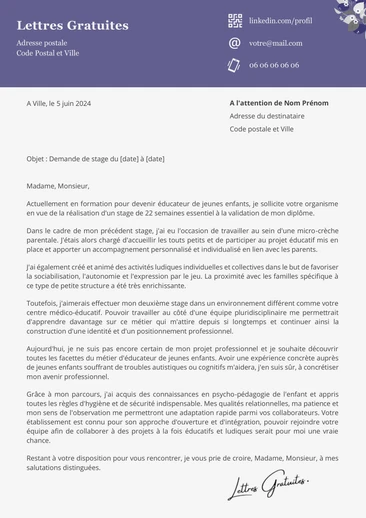 Une lettre de motivation d'une demande de stage en crèche