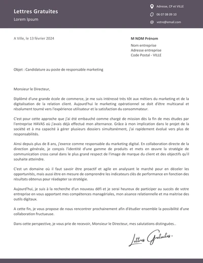 Une lettre de motivation d'un responsable marketing