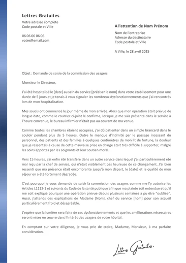 Une lettre de plainte d'un patient d'un hôpital à la commission des usagers