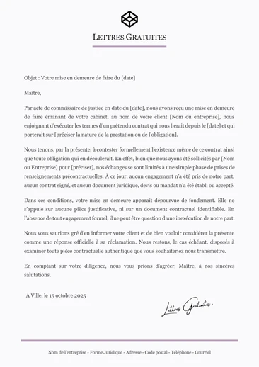 Une lettre en réponse à une mise en demeure injustifiée