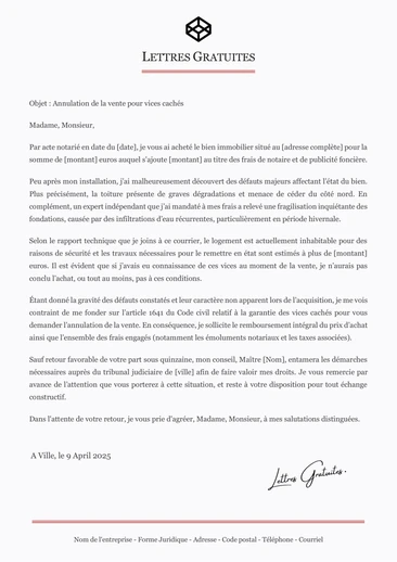 Une lettre d'annulation d'une vente immobilière pour vices cachés