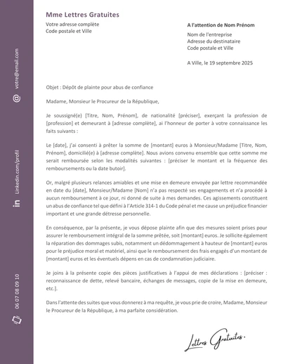 Une lettre de plainte pour abus de confiance