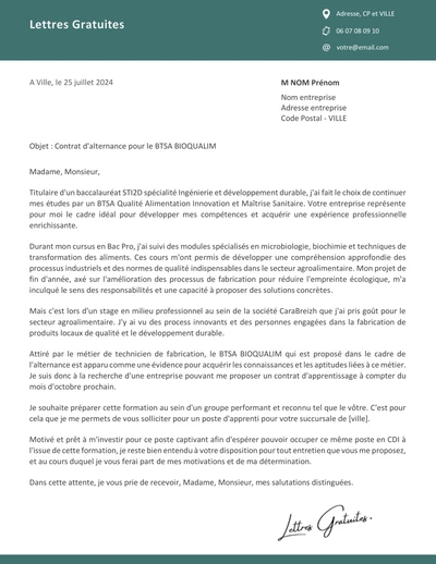 Une lettre de motivation pour un contrat d'alternance dans l'agroalimentaire