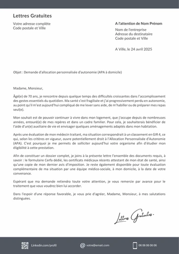 Une lettre de demande d'allocation personnalisée d'autonomie (APA)