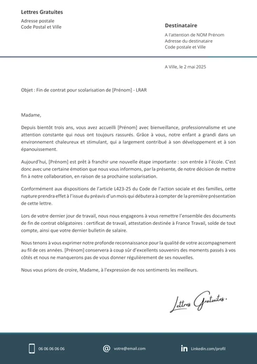 Une lettre de retrait de l'enfant à l'assistante maternelle