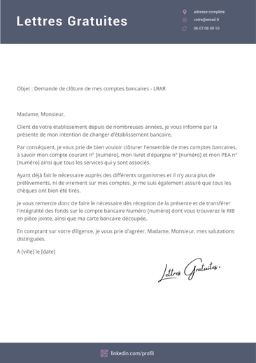 Une lettre de demande de clôture d'un compte bancaire