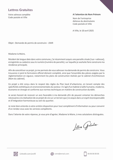 Une lettre de demande de permis de construire à la mairie