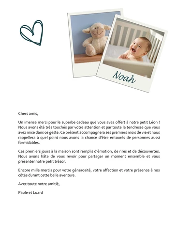 Une carte de remerciement pour le cadeau de naissance