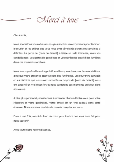 Une lettre de remerciement à ses amis pour le soutien après un décès