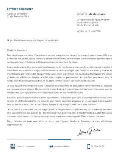 Une lettre de motivation d'un agent de production