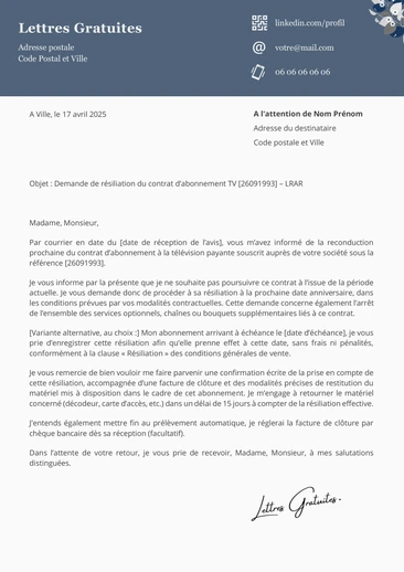 Exemple de lettre de demande de résiliation d'un abonnement Canal+ &a