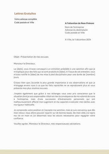 Une lettre pour présenter ses excuses après une sanction disciplin
