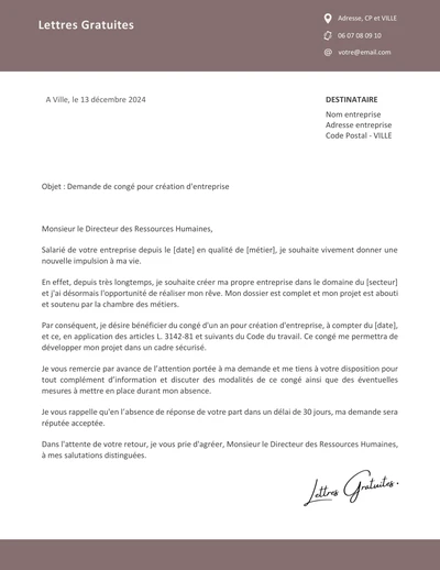 Une lettre de demande de congé pour création d'entreprise