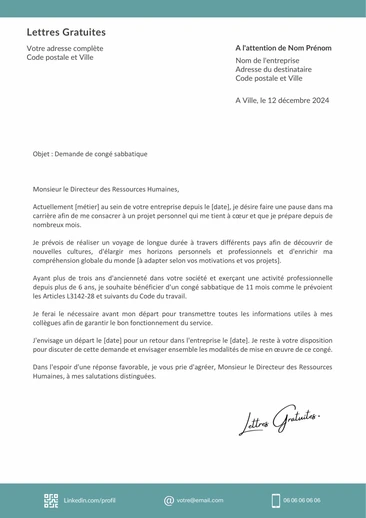 Une lettre de demande de congé sabbatique