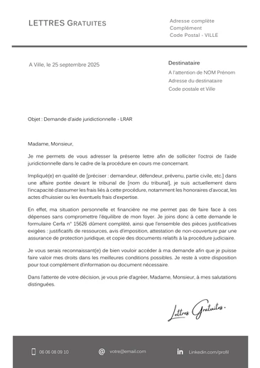 Une lettre de demande d'aide juridictionnelle