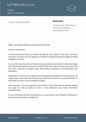 Une lettre de demande d'absence après un décès