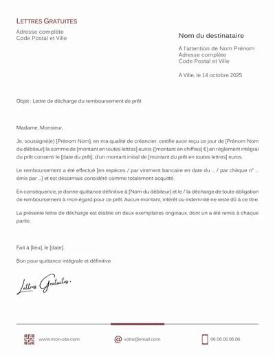 Une lettre de décharge d'une remise d'argent