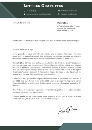 Une lettre de demande d'expulsion d'un locataire sans bail