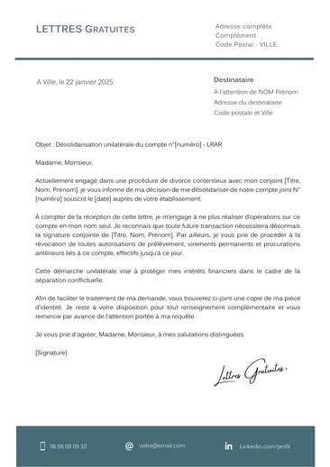 Une lettre de désolidarisation d'un compte joint