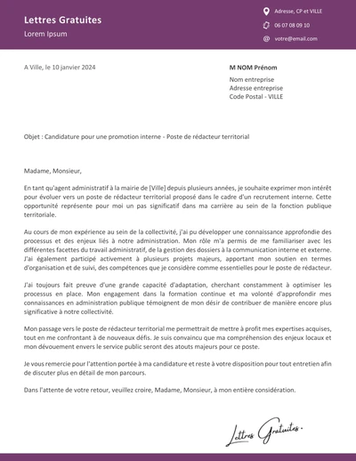 Une lettre de motivation d'un rédacteur territorial