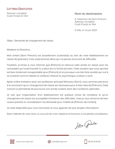 Une lettre de motivation d'une demande de changement de classe