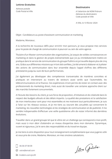 Une lettre de motivation d'un chargé de communication et marketing