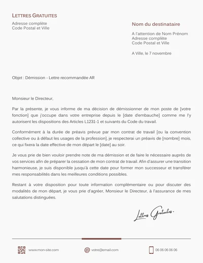 Une lettre de démission classique d'un CDI avec préavis