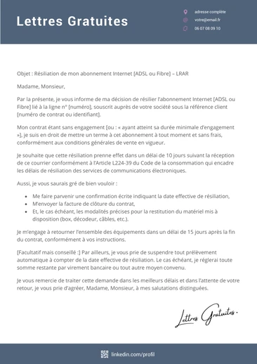 Exemple de lettre de demande de résiliation d'un abonnement Internet