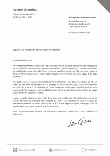 Une lettre de refus d'un avenant à son contrat de travail