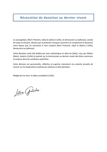 Une lettre de révocation d'une donation au dernier vivant