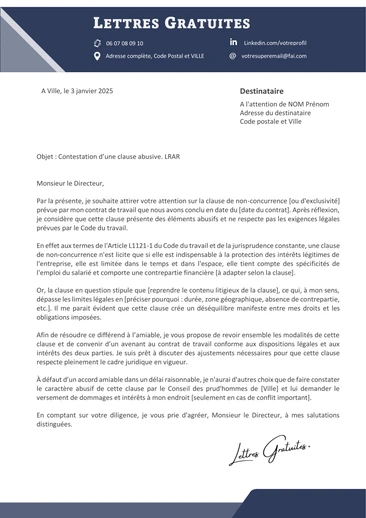Une lettre de contestation d'une clause abusive de son contrat de travail