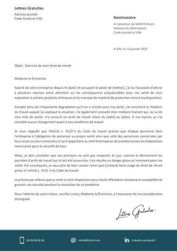Une lettre pour exercer son droit de retrait