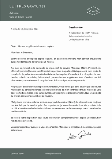 Une lettre de demande de paiement des heures supplémentaires
