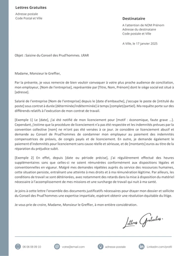 Une lettre de saisine du Conseil des prud'hommes