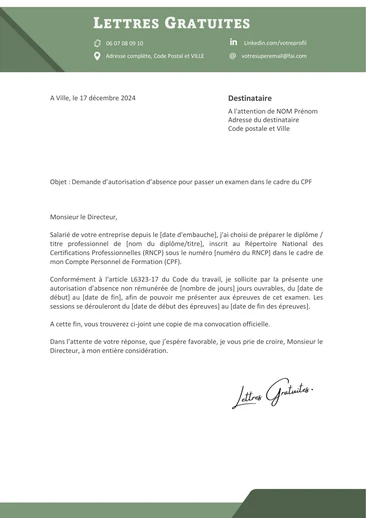 Une lettre pour demander une autorisation d'absence pour passer un examen