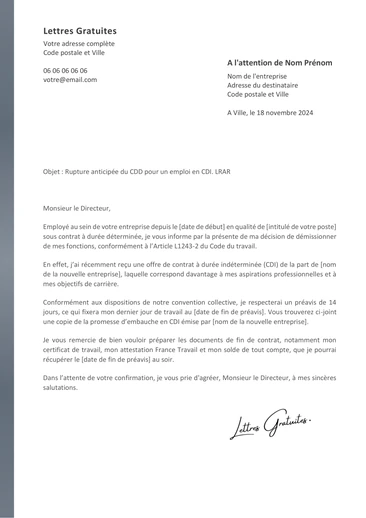Une lettre de démission d'un CDD pour un CDI