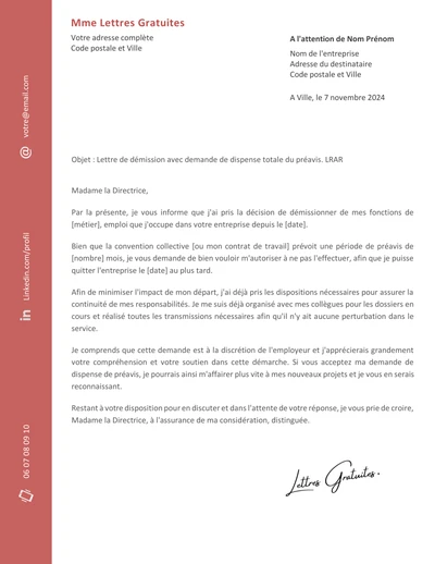 Une lettre de démission avec demande de préavis réduit