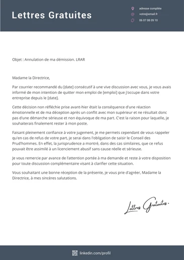 Une lettre pour demander l'annulation de sa démission