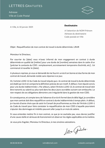 Une lettre de demande de requalification de son CDD en CDI