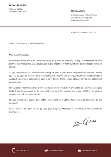 Une lettre pour demander à recevoir sa fiche de paie