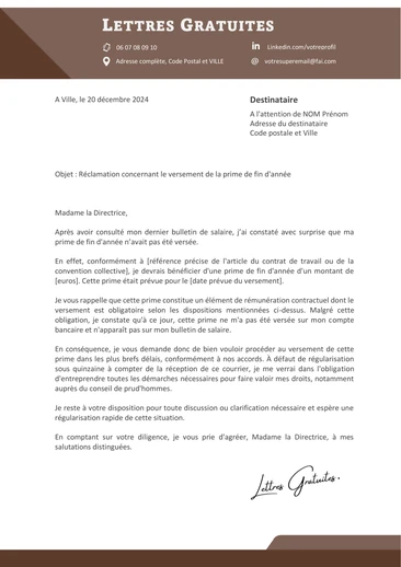 Une lettre de réclamation d'une prime non versée