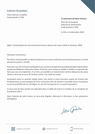 Une lettre pour contester un licenciement abusif